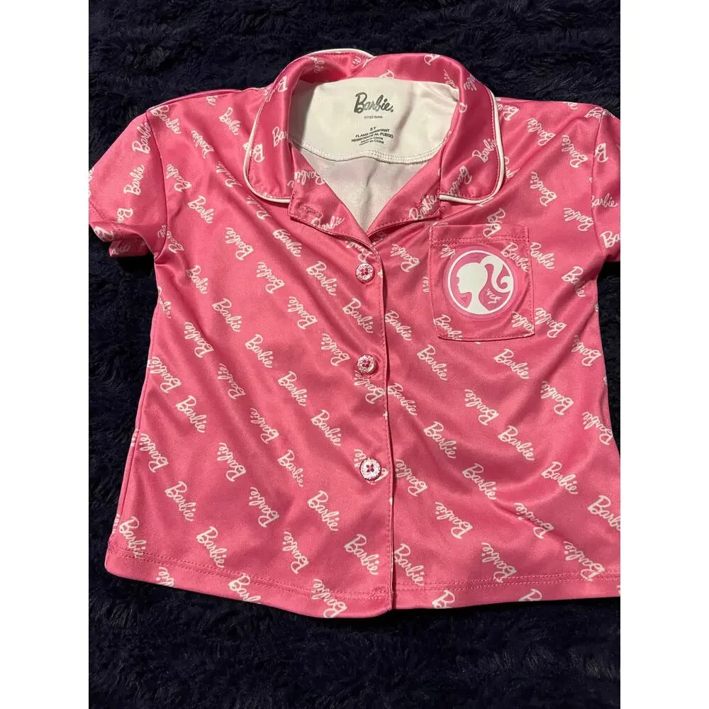Barbie Girls Pajama Set Size 5T Pink Logo Button Up Sleepwear EUC